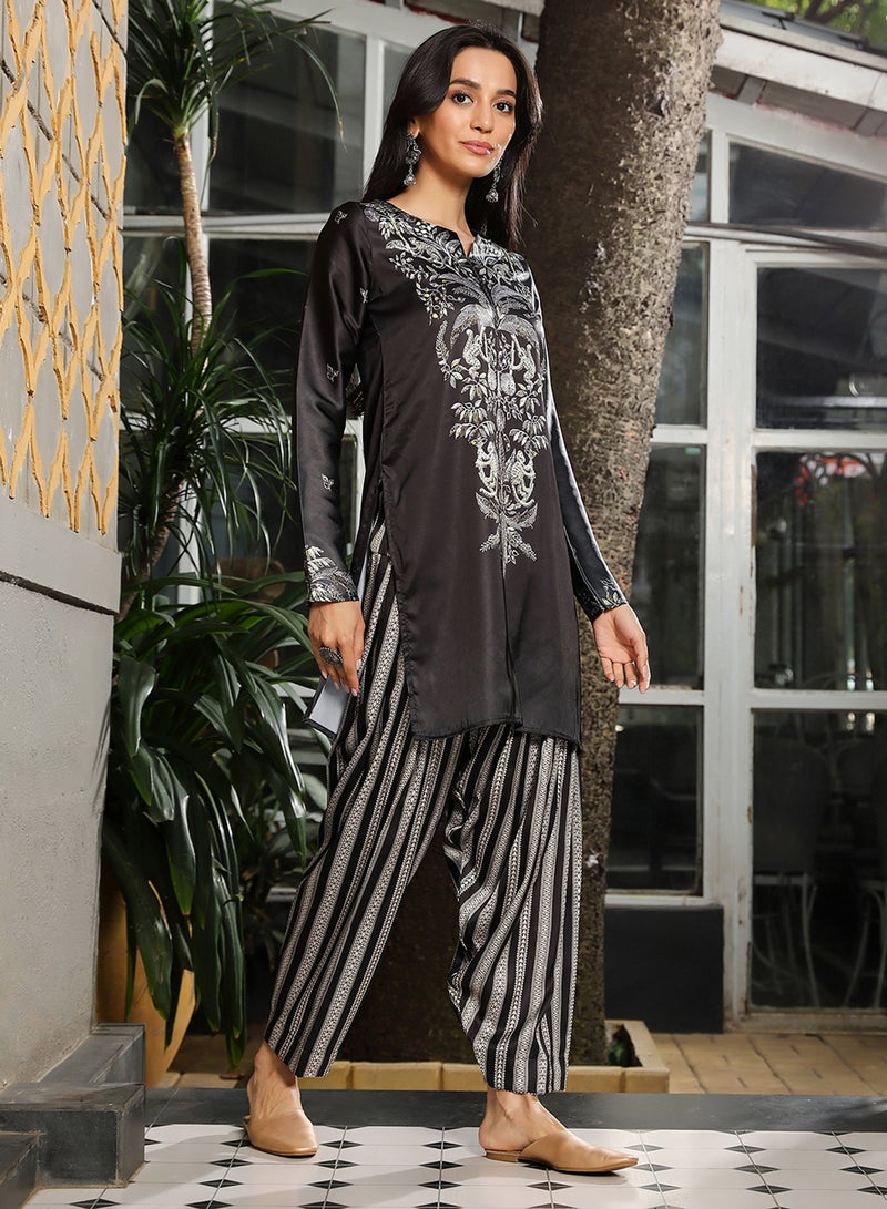 QISSA Women's Midnight Black Ethnic Wilderness Kurti With Trousers & Dupatta For Casual Wear | Portrait Neck | Long Sleeve | 3 Piece Kurta Set Designed With Comfort Fit For Everyday Ethnic Wear - Image 3